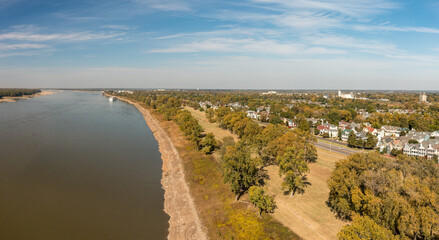 Extreme low water conditions on Mississippi river alongside Mud Island in Memphis TN in October 2023