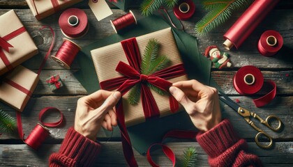 Fototapeta premium Hands tying a velvet red ribbon on a Christmas gift wrapped in green paper on a rustic wooden table.