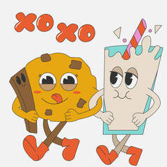 Vector cartoons of comic characters glass of milk and cookies. Retro groovy 60s style. Couple sweet food. Comic sweets in isolated background