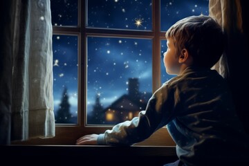 A young boy in his cozy winter pajamas, standing by the window, gazing at the starry night sky with anticipation, waiting for Santa Claus on Christmas Eve - obrazy, fototapety, plakaty