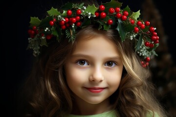 Naklejka premium A Beautiful Young Girl Adorned with a Festive Wreath Crown, Radiating the Spirit of Christmas in Her Joyful Portrait