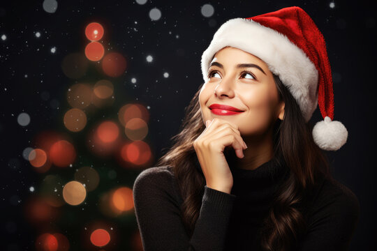Portrait of a thoughtful woman on Christmas background, that planning the holidays