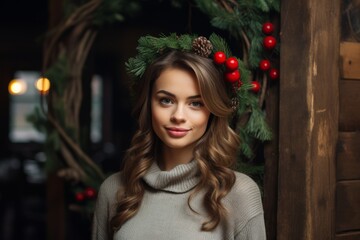 Fototapeta premium Festive Portrait of a Woman with a Chic Bun Hairstyle, Holding a Beautiful Christmas Wreath, Surrounded by a Rustic Wooden Setup
