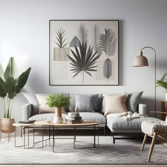 Contemporary Modern Elegant Home House Interior Luxury Gray, Beige, White Living Room with Sofa, Table, a Chair, Green Plants, Scatter Rug, & Posters on the Wall.  Design Mockup, Decor and Accessories