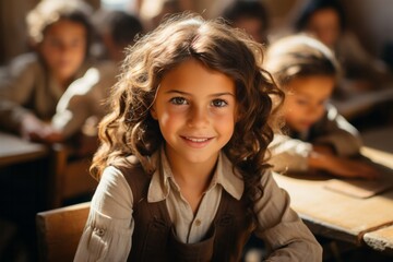 Close up portrait of happy little child girl studying at school and sitting at the desk