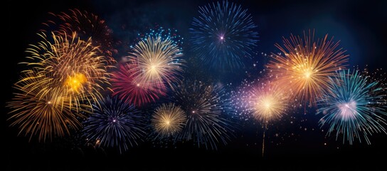 Multicolored fireworks on a dark background. Banner for the site. Place for text. Wallpaper for holidays. Festive light