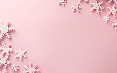 pink christmas and new year flat lay with snowflakes. copy space banner with place for text