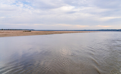 Panorama of sand banks due to extreme low water conditions on Mississippi river in October 2023 near Greenville, MS