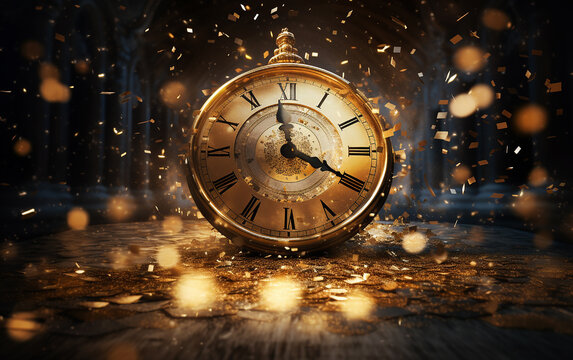 vintage gold clock stricking midnight on new year with christmas lights bokeh