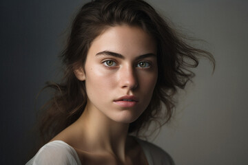 Naklejka premium Portrait of beautiful young woman with wavy hair. Closeup shot.