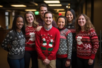 A Joyful Team Celebrating the Holiday Season Together, Wearing Matching Festive Christmas Sweaters with Smiles on Their Faces - obrazy, fototapety, plakaty