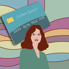 A beautiful young woman is seen with a generic credit card with space for text. It is all on a colorful background. Lorem ipsum. This is a 3-d illustration.