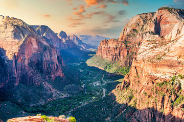 Beautiful landscapes, views of incredibly picturesque rocks, and mountains in Zion National Park, Utah USA