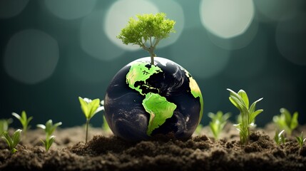 Greening for sustainable future and CO2 footprint reduction. Environmental conservation for better tomorrow. Earth recovery from carbon dioxide with forestation initiative. Greenhouse awareness. - obrazy, fototapety, plakaty