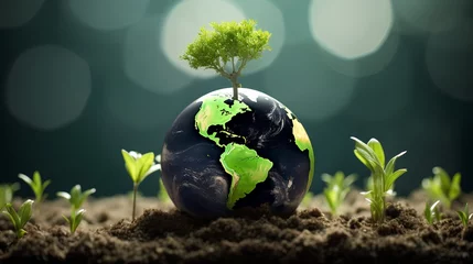 Deurstickers Greening for sustainable future and CO2 footprint reduction. Environmental conservation for better tomorrow. Earth recovery from carbon dioxide with forestation initiative. Greenhouse awareness. © TensorSpark