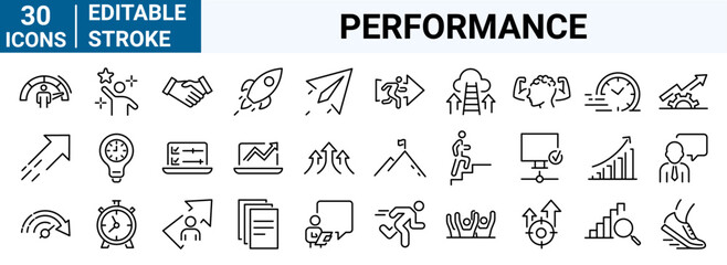 set of 30 line web icons Performance. Speed, improvements, charts, boost, power, Editable stroke. Vector illustration.