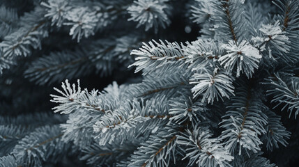 Closeup portrait of pine needs in frost, frozen christmas tree branches covered with snow
