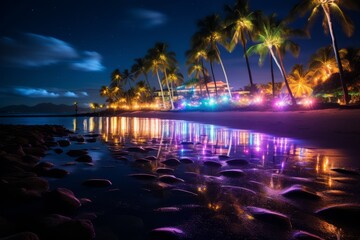 A Tropical Christmas Celebration on a Beach with Palm Trees Adorned with Colorful Lights Under the Starlit Sky