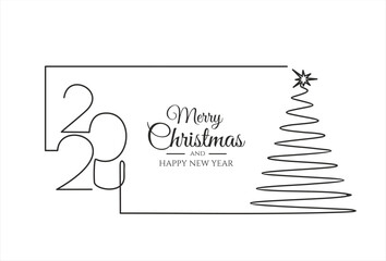 Christmas tree and 2024 one line art, hand drawn continuous contour. Holiday concept, festive lettering. New year handwriting text, sketch style, minimalist design. New year card