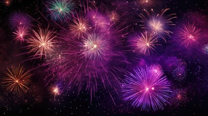 Naklejka premium Multicolored fireworks on a dark background. Banner for the site. Place for text. Wallpaper for holidays. Festive light