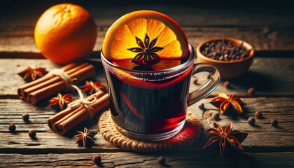 Close-up of a steaming mug of mulled wine with an orange slice studded with cloves, surrounded by cinnamon sticks, star anise, and fresh oranges on a rustic wooden backdrop.