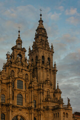 A detailed view of the Gothic facade of Santiago de Compostela Cathedral in Spain