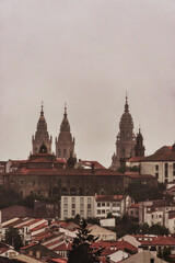 Fototapeta na wymiar Skyline of Santiago de Compostela, Spain, with the iconic cathedral towers rising majestically over this historic city