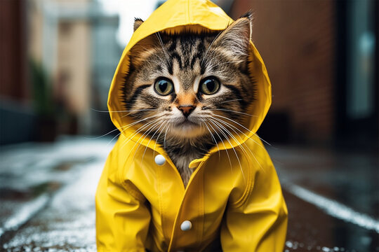 the cat wears a yellow raincoat