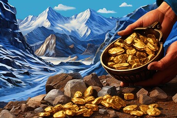 illustration with miners hands full of gold nuggets - obrazy, fototapety, plakaty