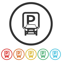 Parking icon. Set icons in color circle buttons