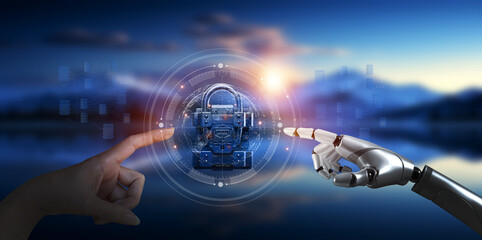 Robot hand and human pointing at network security and privacy lock icons to protect data modern internet network security technology Sunset background on the mountain