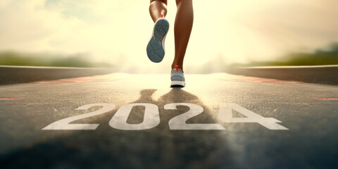 New year 2024 or start straight concept, word 2024 written on the asphalt road and athlete woman running preparing for new year at sunset, goals and plans for the next year, generative ai - obrazy, fototapety, plakaty