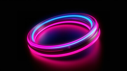 Cercle, anneau lumineux en néon. Couleur rose, mauve et bleu sur fond noir. Reflet de lumière. Technologie moderne. Arrière-plan pour conception et création graphique.