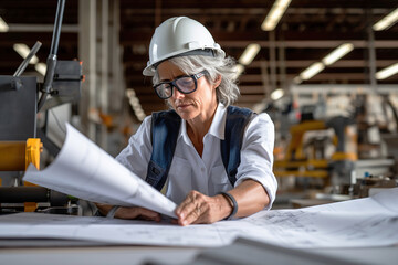 Mature female architect with white hard hat supervising blueprints on a construction site. - obrazy, fototapety, plakaty