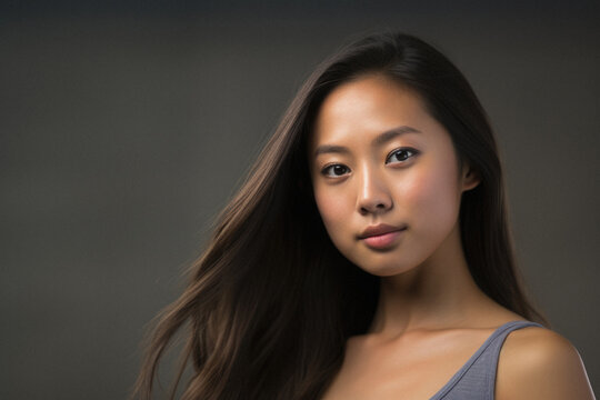 Portrait of a beautiful asian woman with long wavy hair.