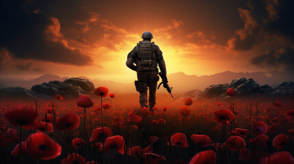 illustration of a soldier in the poppy field during golden sunset - obrazy, fototapety, plakaty