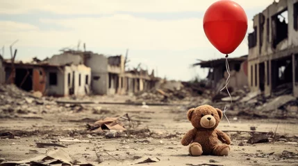 Foto op Aluminium A plush toy bear with a red balloon, depressed and lonely against the backdrop of a city destroyed © Gizmo