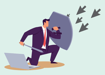 Cyber security protection for safety computer network, safety shield to protect online threat or attack, digital privacy or encryption concept, man hold shield on computer laptop protect cyber attack.