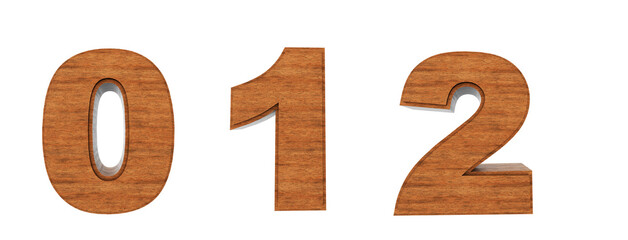 Wooden numbers made in 3D render. Numbers  0, 1, 2, with wooden texture in a box. White background with one-click removal.