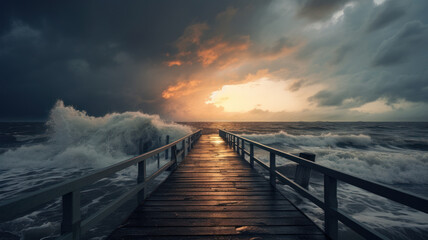 dramatic stormy seascape with wooden jetty and waves splashing at sunset - obrazy, fototapety, plakaty