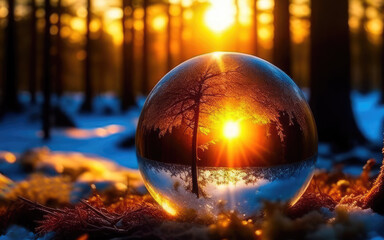 Fototapeta na wymiar Ice crystal ball with reflection of snowy trees and sunset sun on a blurred winter forest background.Generative AI