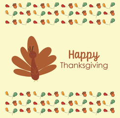 Vector Illustration of a Happy Thanksgiving Celebration Design with hand drawn Cartoon Turkey and Autumn Leaves