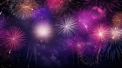 Naklejka premium Multicolored fireworks on a dark background. Banner for the site. Place for text. Wallpaper for holidays. Festive light