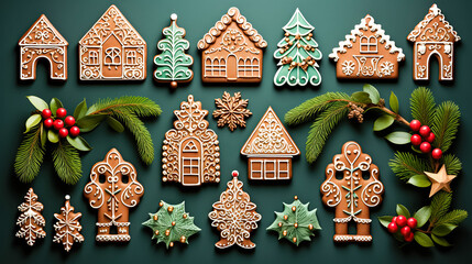 Christmas gingerbread cookies, holly leaves, snowflakes are laid out in a festive flat composition on a green background - obrazy, fototapety, plakaty