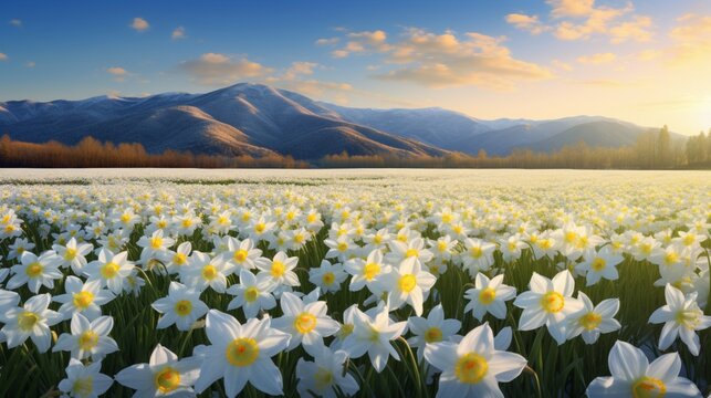 A breathtaking 8K image of a Starflower Daffodil field in full bloom, with the flowers swaying gently in the breeze.