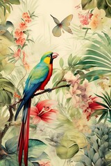 Colourful exotic pattern with a parrot bird