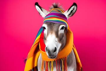 Studio portrait of a donkey or mule wearing knitted hat, scarf and mittens. Colorful winter and cold weather concept.