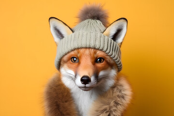 Studio portrait of a fox wearing knitted hat, scarf and mittens. Colorful winter and cold weather concept.