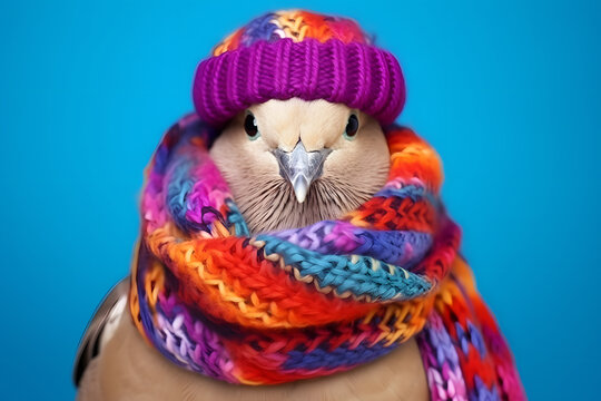 Studio portrait of a dove wearing knitted hat, scarf and mittens. Colorful winter and cold weather concept.
