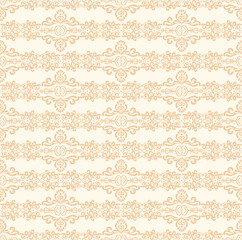 Lace seamless pattern. Beige vintage background with damask ornament for textile, fabric, decoration. Seamless black gorgeous stripe, delicate simple pattern
